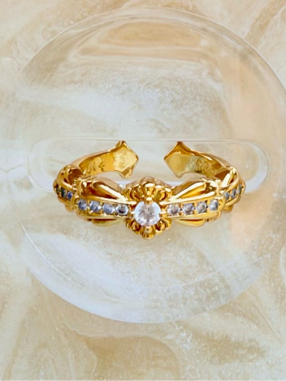 Gold Crystal Flower Open Ring